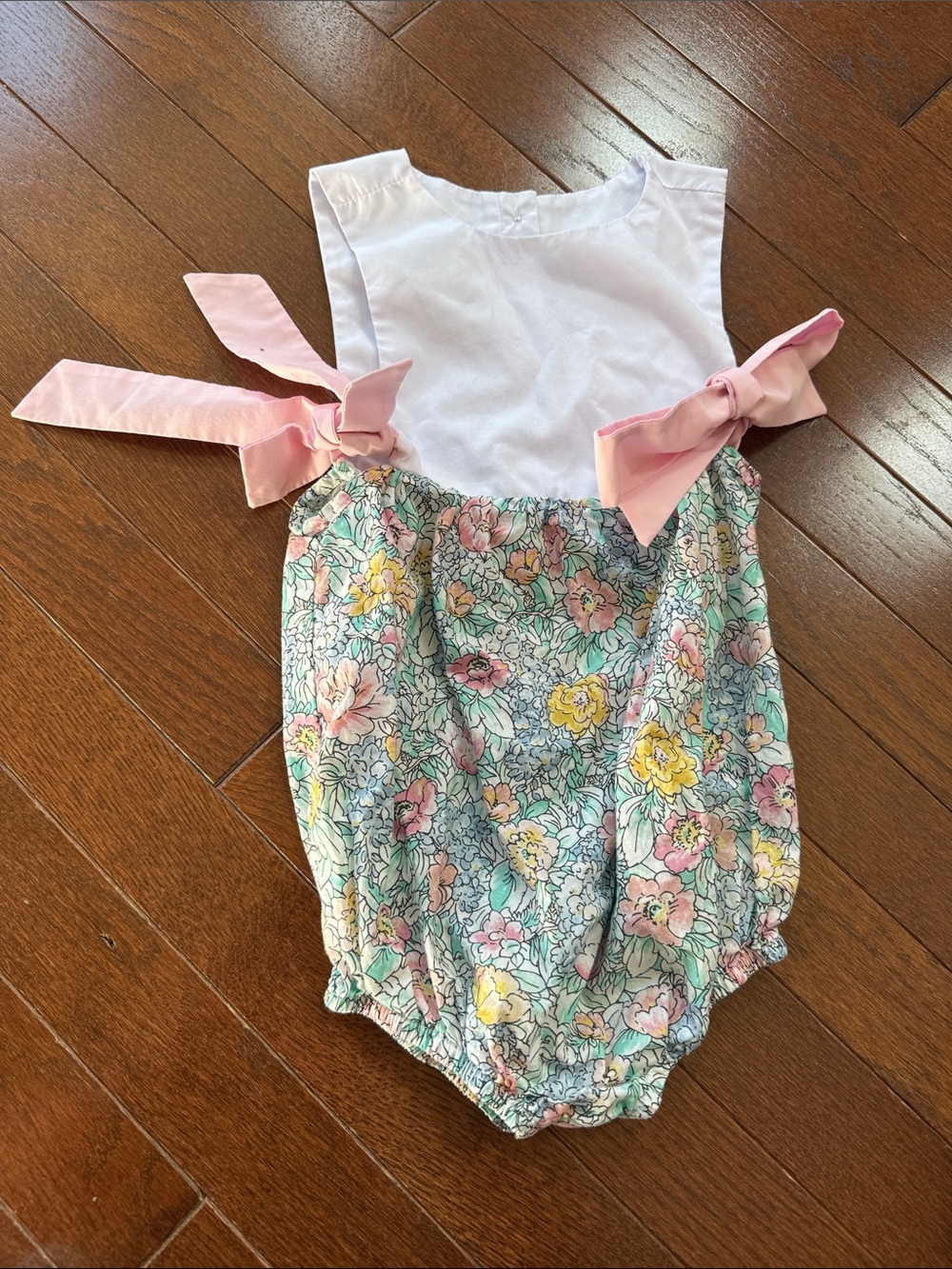 White & Pastel Floral Baby Girl Romper with Pink Ties